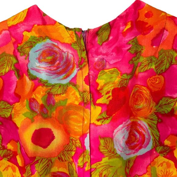 Vintage 60s Handmade Floral Sleeveless Dress 4 Small Hot Pink Ruffle Sheath - Picture 5 of 5